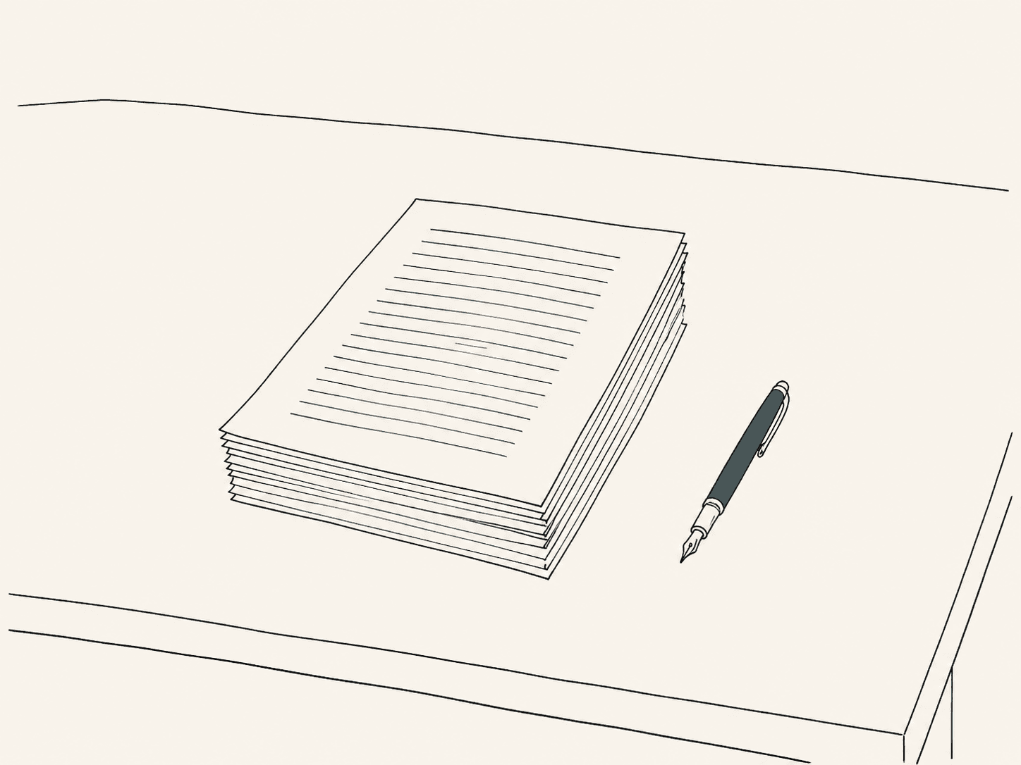 A finished draft manuscript with a fountain pen resting beside it.