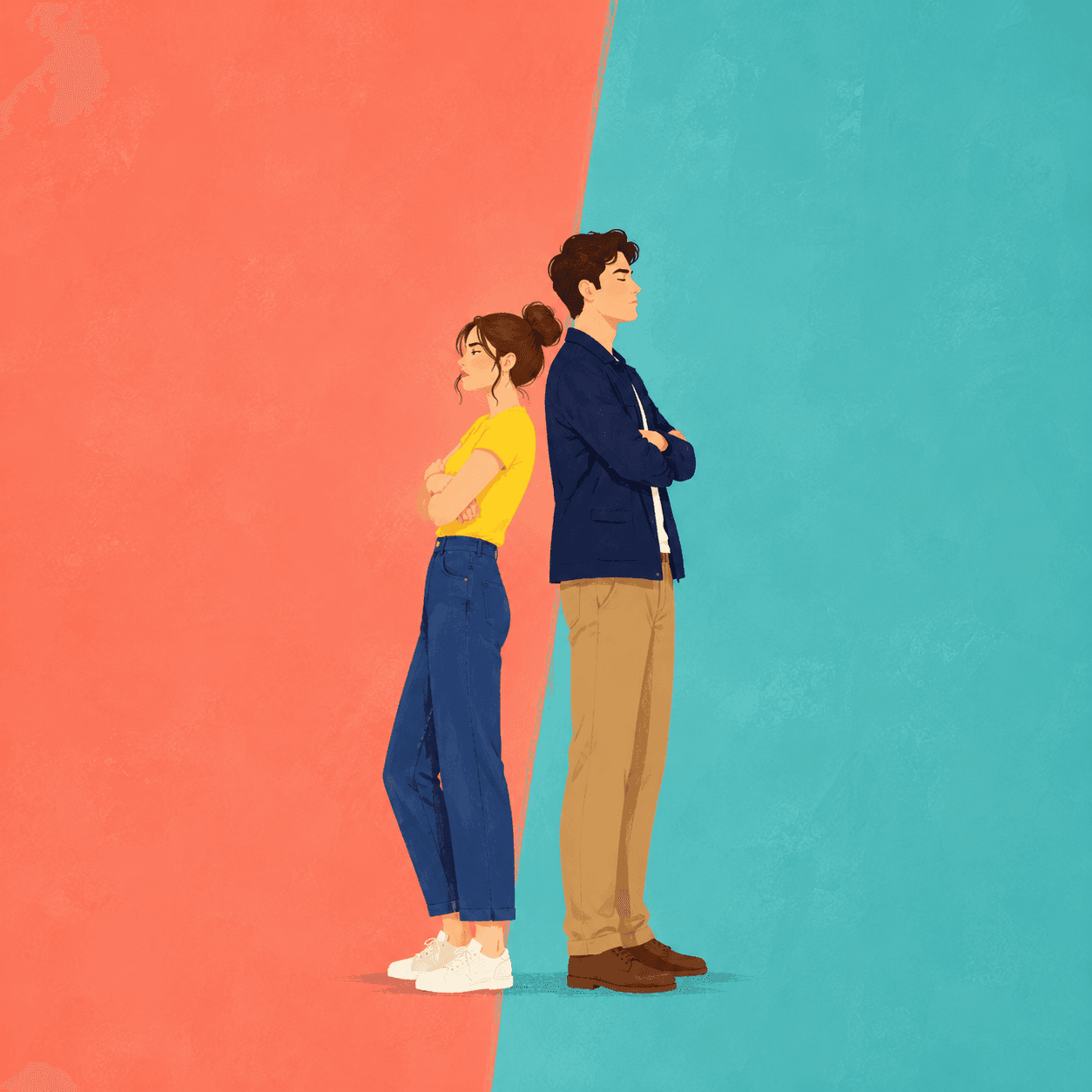 Enemies to Lovers. Back-to-back, crossed arms.