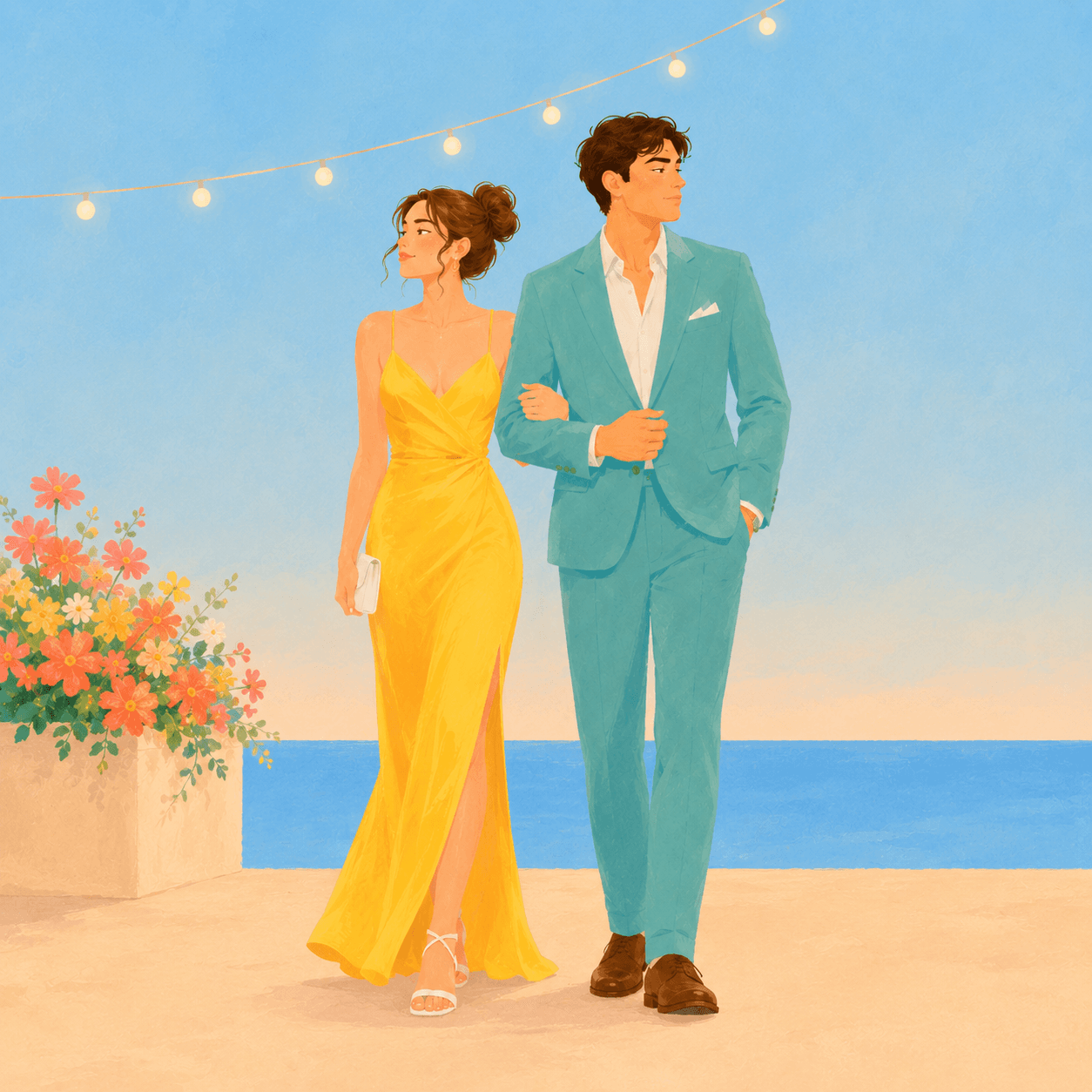 Fake Dating. Performed couplehood at sunset beach event, linked arms, looking in different directions.