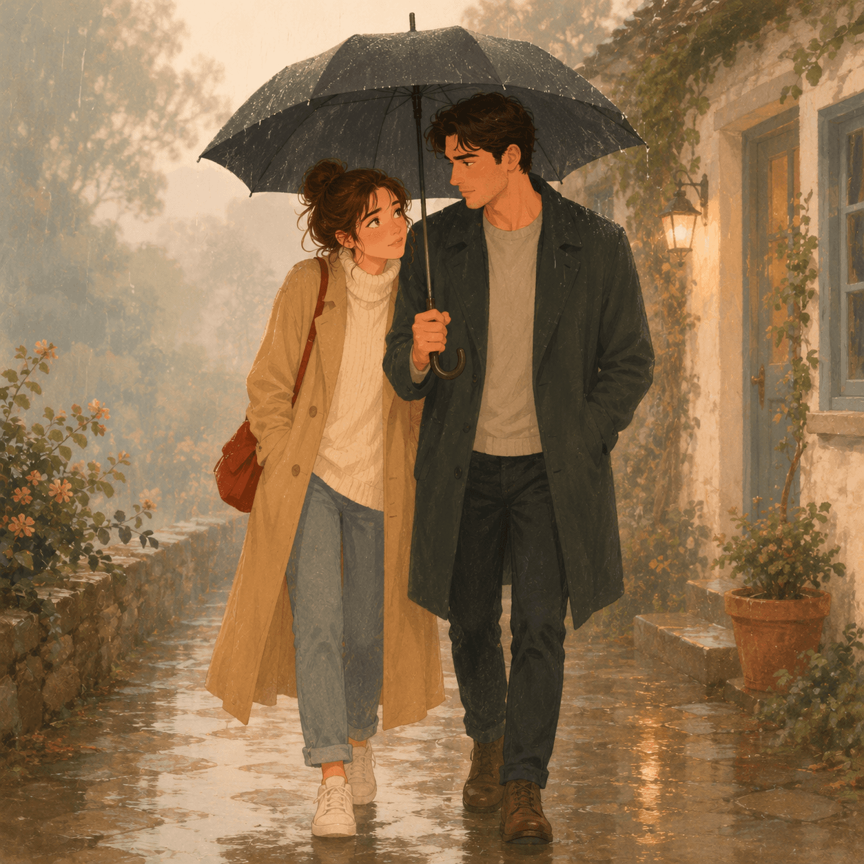 Forced Proximity. Two figures sharing a single umbrella in light rain outside a cottage.