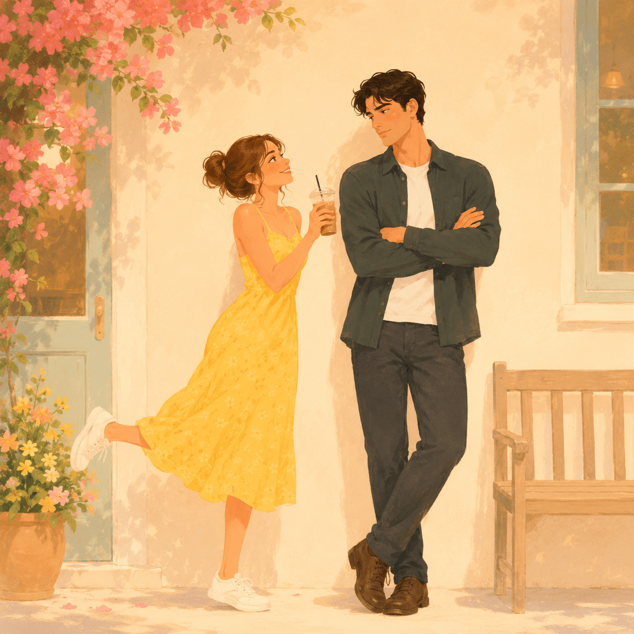 Grumpy x Sunshine. Sunshine offering iced coffee to grumpy character.